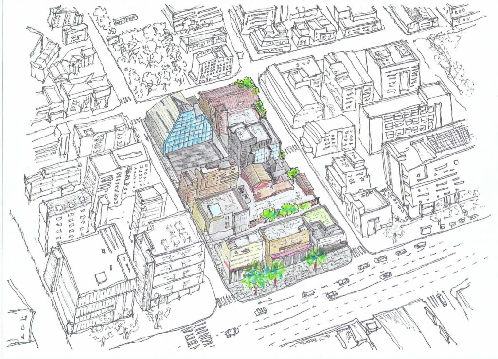 Hand-drawn view of the dense urban site in Nonhyeon-dong, Seoul, with the project location highlighted among surrounding buildings.