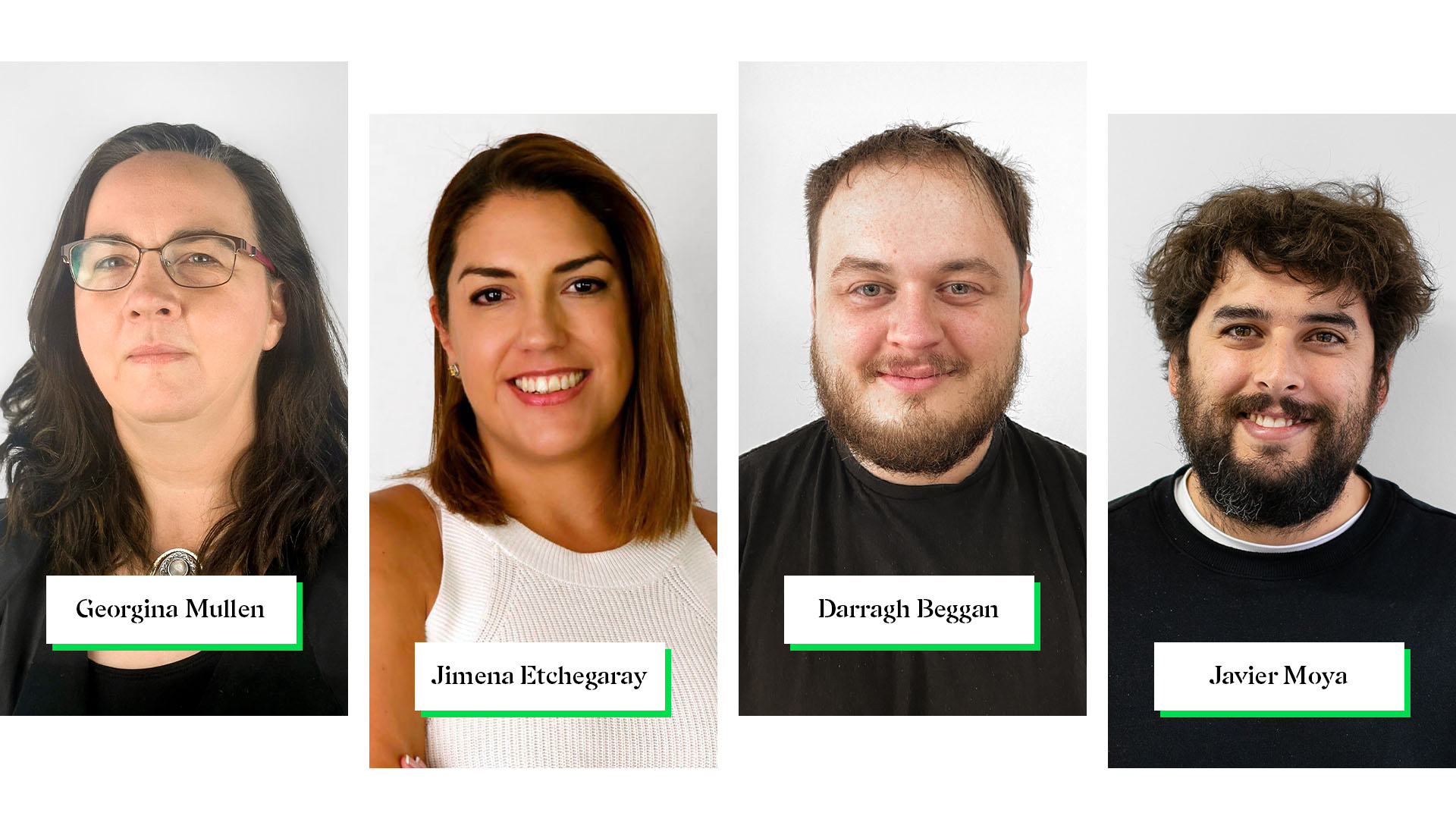 Headshot photographs of Georgina, Jimena, Darragh, and Javier