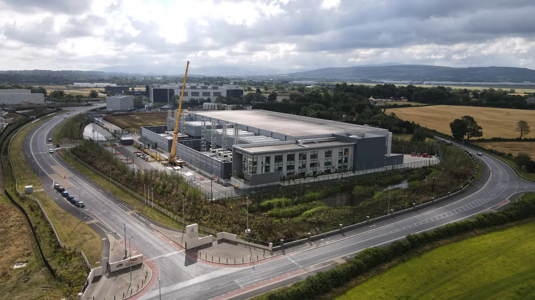 Aerial view of the CyrusOne Dublin I data centre at Grange Castle, surrounded by roads and fields