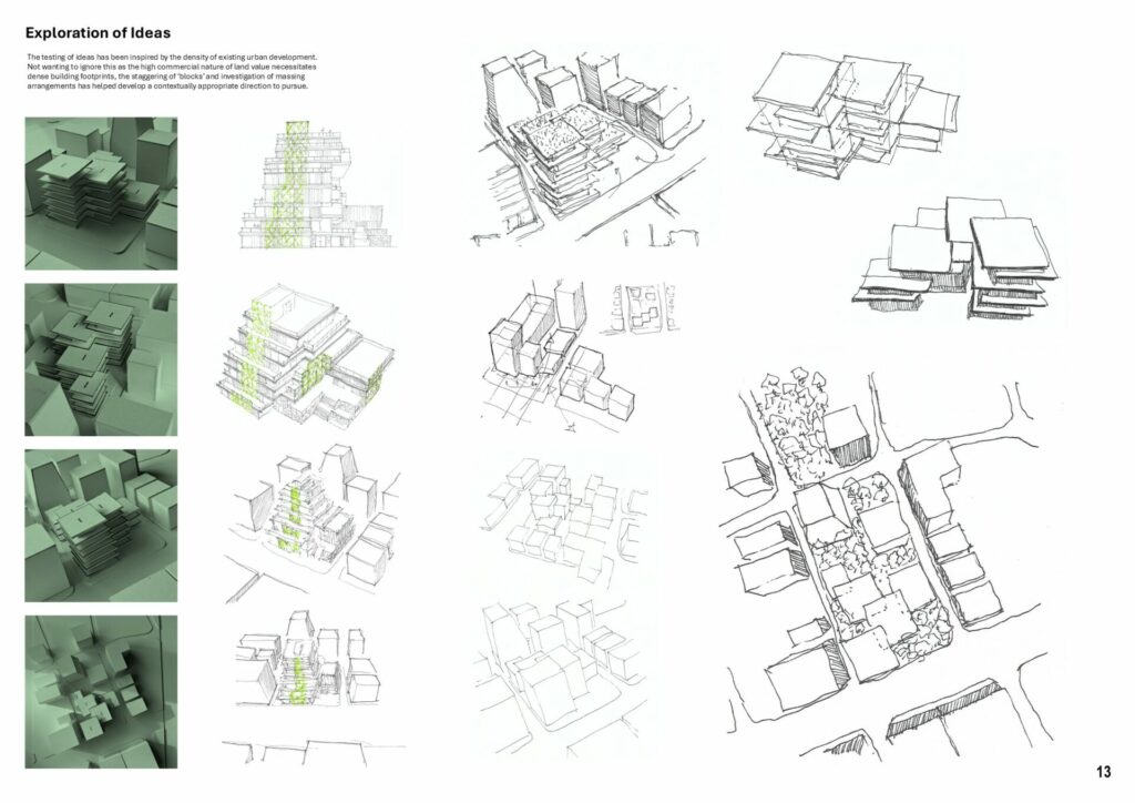 Development studies combining hand sketches, physical models and diagrams exploring the form and layout of the proposal.