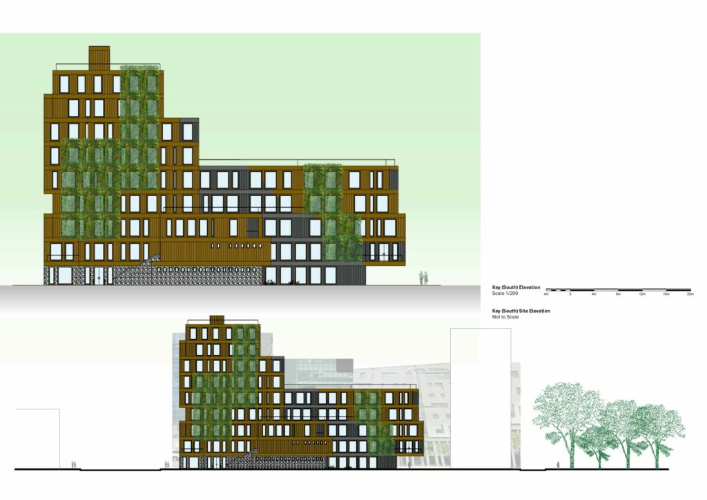 Detailed architectural elevation showing the proposal’s stepped form, planted terraces and layered façade.