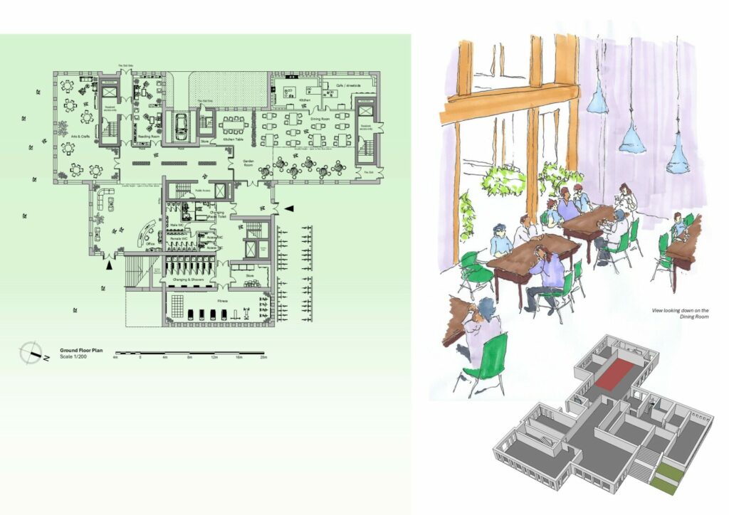 Ground-floor proposal combining a detailed plan with a hand-drawn view of people dining and spending time together.