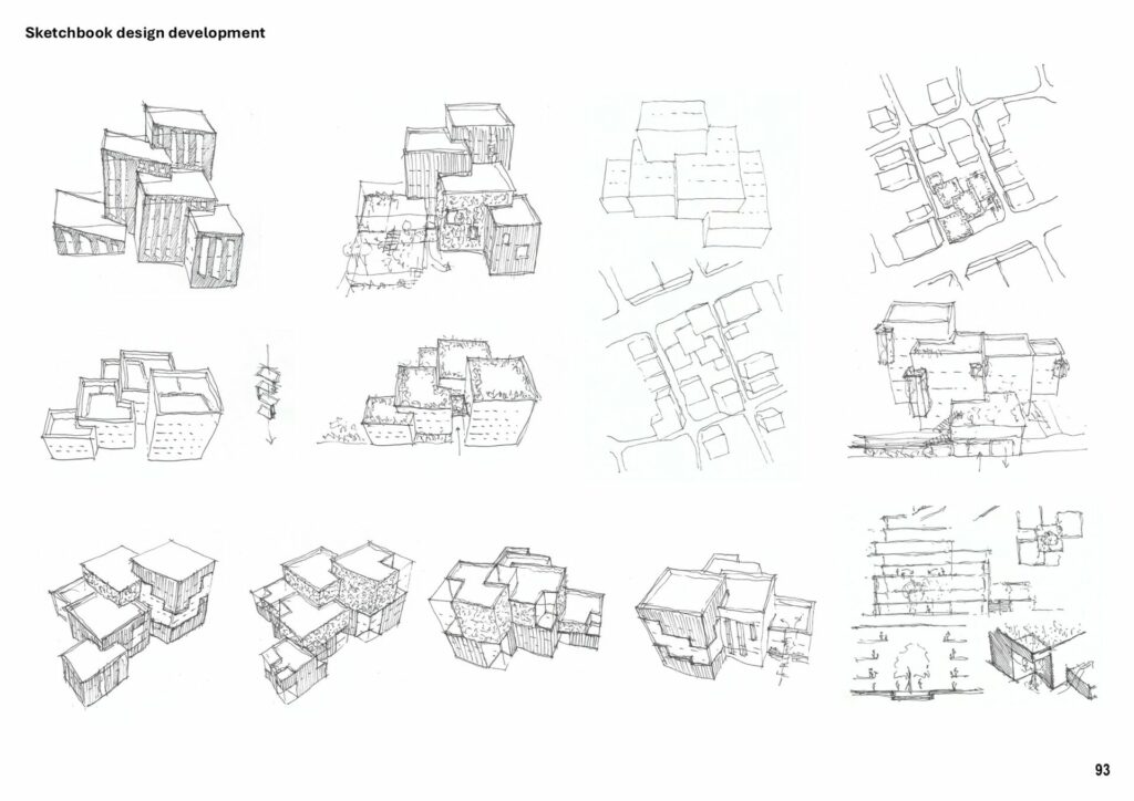 Sketchbook pages showing David Shipley developing the proposal through hand-drawn architectural studies and notes.